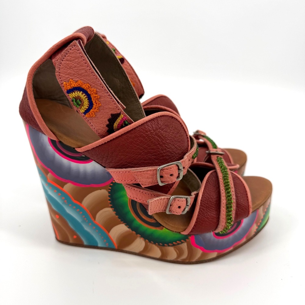 Meher Kakalia EU 40 Hand Painted Platform Wedge Sandals Embroidered Leather Boho - Picture 4 of 9